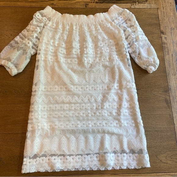 Trina Turk Hoku Embroidery Stripe Lace Off Shoulder Dress Mini Small Ivory - Picture 1 of 11